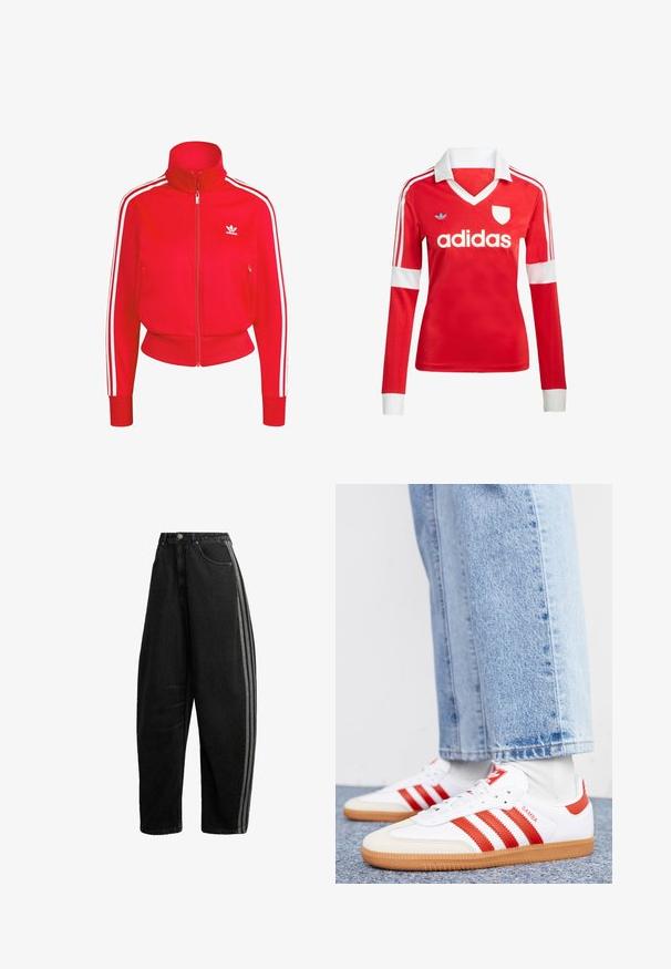 Červená bunda na zips s vysokým golierom, biele bočné pruhy a logo. Obsahuje dva predné vrecká na zips a ribované manžety a lem.; Červený futbalový dres s dlhým rukávom a bielym golierom a manžetami. Na ramenách sú tri biele pruhy a výrazne zobrazené logo "adidas".; Čierne džínsové nohavice so širokými nohavicami, vysokým pásom, zapínaním na gombík a zips, prednými vreckami a dvoma sivými pruhmi pozdĺž vonkajších bočných švov.; Biele kožené tenisky s červenými pruhmi a akcentmi. Majú štruktúrovanú gumovú podrážku a polstrovaný golier. Nosené s svetlomodrými džínsami.
