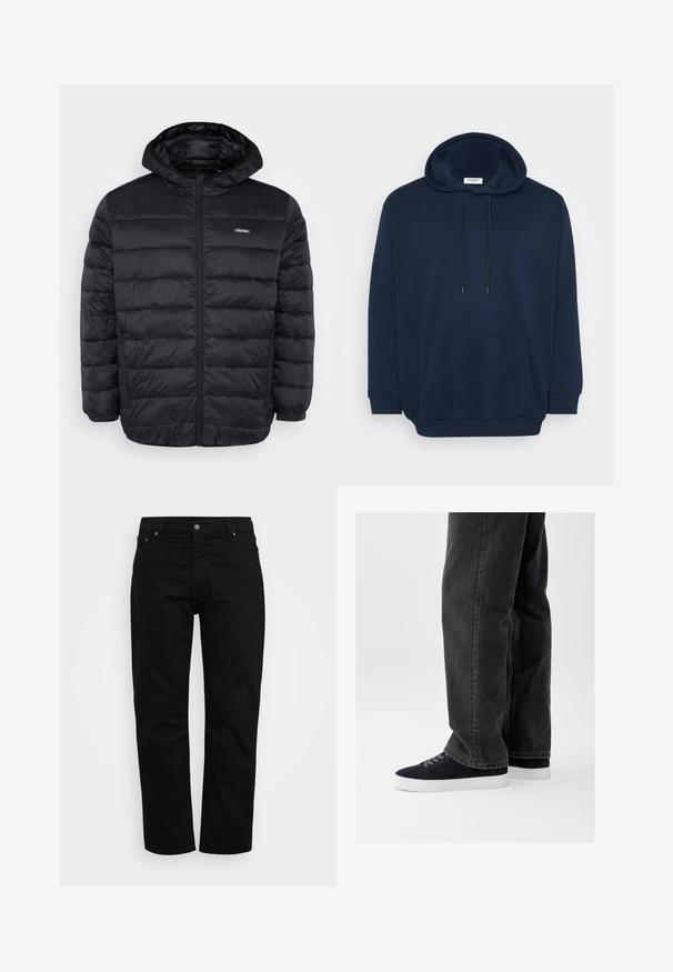 Zwarte doorgestikte pufferjas met capuchon, ritssluiting aan de voorkant, elastische manchetten, zijritszakken en een klein rechthoekig logo op de borst.; Marineblauwe hoodie van een katoenmix, met een trekkoordcapuchon, voorzak met kangoeroe-design, ribgebreide cuffs en een ontspannen pasvorm.; Zwarte jeans van katoen, met een klassieke snit, vijf zakken en een metalen knoopsluiting. Glad textuur met rechte pijpen.; Zwarte denim jeans met een losse pasvorm, gecombineerd met marineblauwe suède sneakers met witte rubberen zolen en zwarte veters. Eenvoudig en modern ontwerp.