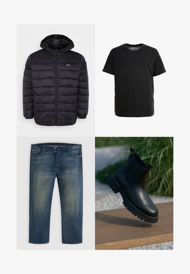 Zwarte doorgestikte pufferjas met capuchon, ritssluiting aan de voorkant, elastische manchetten, zijritszakken en een klein rechthoekig logo op de borst.; Zwarte t-shirt met korte mouwen, gemaakt van zachte stof, met een ronde hals en een rechte snit, zonder zichtbare patronen of graphics.; Blauwe denim jeans met knopenfly, klassiek vijf-pocket ontwerp en vervaagde details op de dijen en knieën.; Zwarte leren enkellaarsjes met elastische zijpanelen, ronde neus en robuuste zool, tentoongesteld op een houten oppervlak.