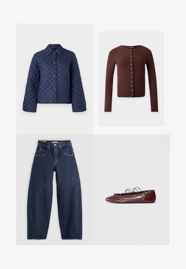 Veste matelassée bleu marine avec un col, huit boutons sur le devant, et des manches larges, présentée sur un fond blanc simple.; Cardigan court marron à manches longues avec un col rond et une rangée verticale de boutons pression argentés sur le devant.; Jean en denim bleu foncé, à coupe ample, avec des coutures claires, cinq poches et un bouton de fermeture à la taille.; Femme ballerine en cuir bordeaux avec un bout pointu, des détails en dentelle sur le devant et des œillets en argent. Semelle souple pour plus de flexibilité et de confort.