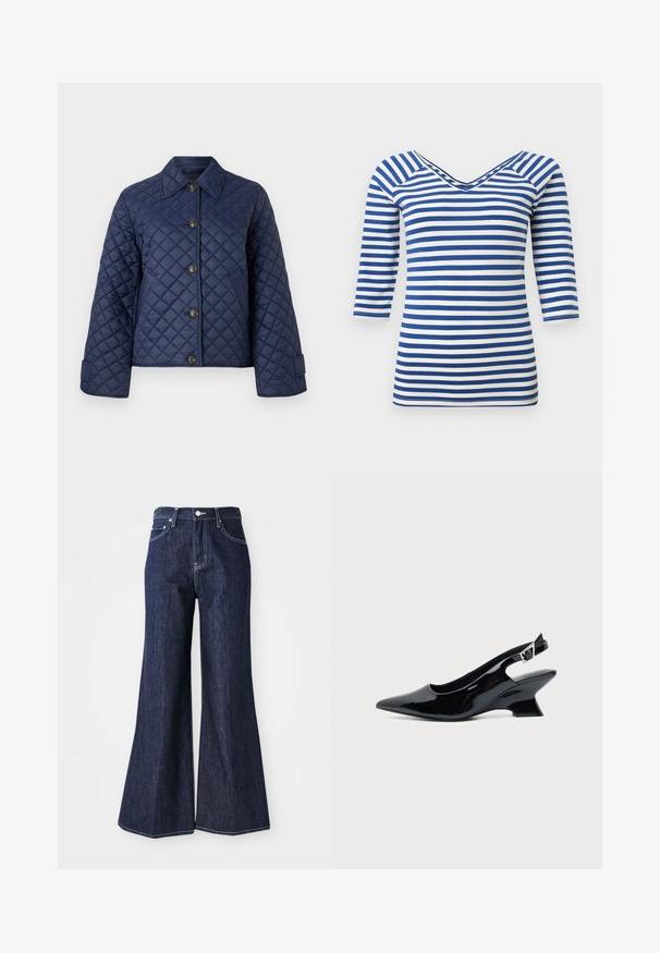 Marineblauwe gewatteerde jas met een kraag, acht knopen aan de voorkant en brede mouwen, weergegeven tegen een effen witte achtergrond.; Blauw-wit gestreept shirt met lange mouwen, een V-hals en een getailleerde pasvorm.; Donker denim flared jeans met een hoge taille, voorzien van een knoop- en ritssluiting. Witte stiksels en brede pijpen creëren een gestructureerd silhouet.; Zwarte lakleren slingback schoen met spitse neus en lage schuine blokhak op een effen lichte achtergrond.
