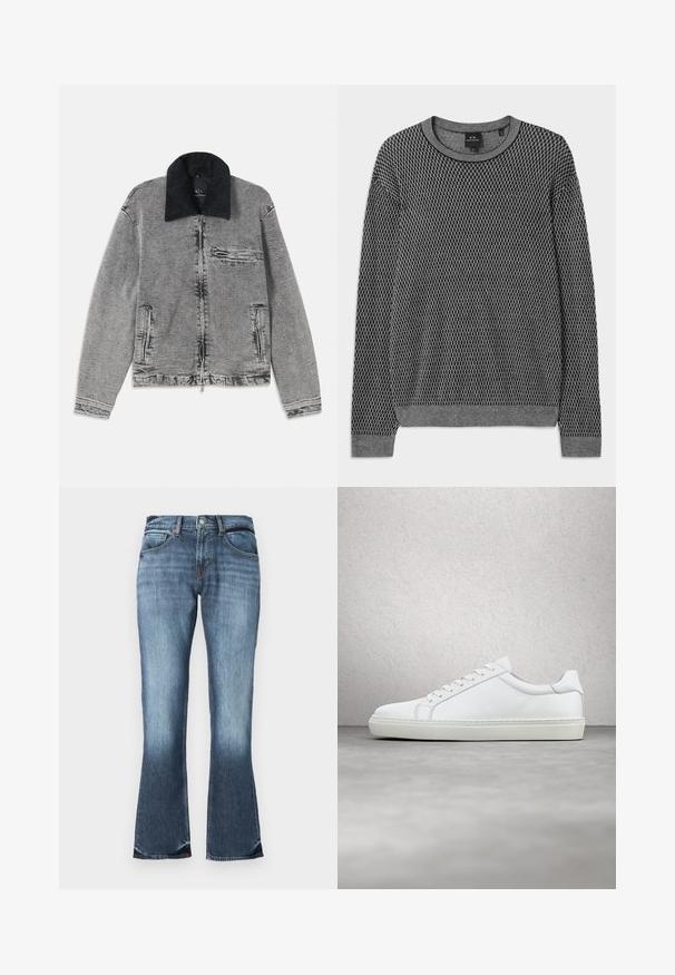 Grå denimjakke med en sort kordfløjlskrave, lynlås-lukning, en brystlomme og to sidelommer. Tekstureret stof med subtil falmning.; Grå strikket sweater med et tekstureret mønster, rund halsudskæring og ribbede manchetter. Lavet af et blødt, let materiale.; Blå denim flared jeans med en mellemhøj talje, fem-lommers design og subtilt slid for et distressed udseende. Glat tekstur hele vejen igennem.; Hvide sneakers med en glat læderoverdel og lav profil. Har en rund tå, seks snørehuller og en tekstureret gummisål.