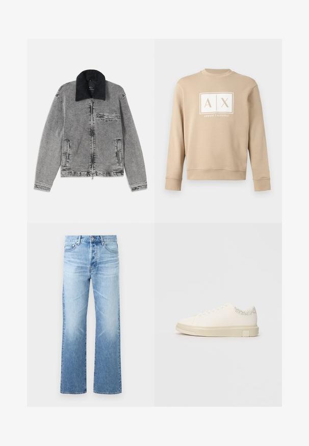 Grå denimjakke med en sort kordfløjlskrave, lynlås-lukning, en brystlomme og to sidelommer. Tekstureret stof med subtil falmning.; Beige langærmet sweatshirt med rund hals og hvidt "A|X Armani Exchange"-logo centreret på brystet.; Lyseblå denimjeans med lige ben, design med fem lommer, knaplukning og diskret falmning på lår og knæ.; Hvide sneakers med en glat lærredsoverdel, flade snørebånd, polstret krave og en struktureret grå detalje bagpå. Kraftig gummisål.