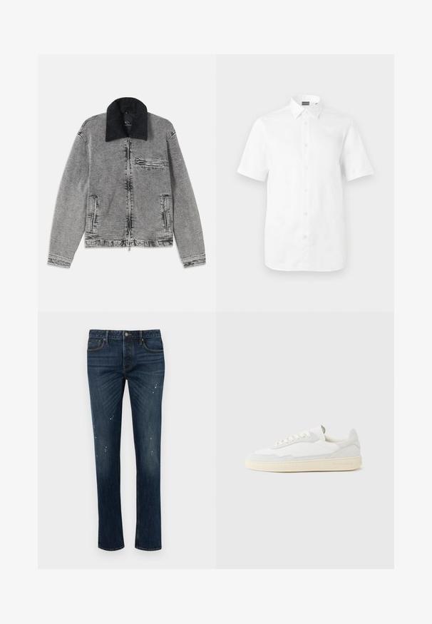 Grå denimjakke med en sort kordfløjlskrave, lynlås-lukning, en brystlomme og to sidelommer. Tekstureret stof med subtil falmning.; Hvid kortærmet skjorte med knapper og klassisk krave, vist på en ensartet lys baggrund.; Mørkeblå slim-fit jeans med let falming og små hvide malingssprøjt, med fem lommer og knaplukning.; Hvid sneakers med en øvre del i tekstureret ruskind og læder. Har rundet tå, snørelukning og kontrasterende beige gummisål.