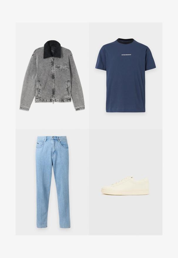 Grå denimjakke med en sort kordfløjlskrave, lynlås-lukning, en brystlomme og to sidelommer. Tekstureret stof med subtil falmning.; Marineblå T-shirt med korte ærmer, sort rund hals og lille hvid Emporio Armani-logo centreret på brystet.; Lyseblå denimjeans med lige ben, forlommer, bæltestropper og knaplukning på en neutral baggrund.; Sneaker i cremefarve med en glat læderoverdel, rundet tå, snørelukning foran og en tekstureret gummisål. Minimalistisk design uden logoer.
