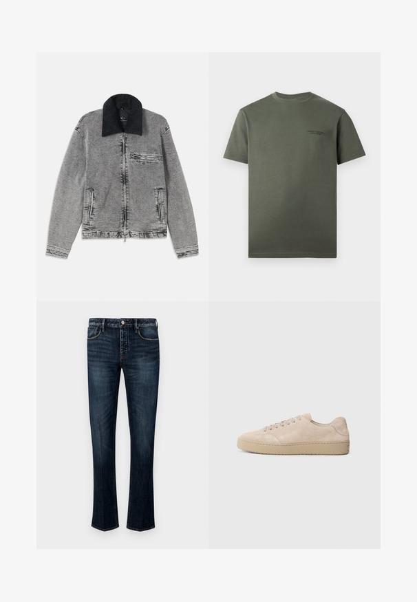Grå denimjakke med en sort kordfløjlskrave, lynlås-lukning, en brystlomme og to sidelommer. Tekstureret stof med subtil falmning.; Enkelt mørkegrønt T-shirt med korte ærmer og rund hals med et lille diskret tekstlogo på venstre bryst.; Mørkeblå denim jeans med lige ben-design, der har fem lommer, synlige syninger og en knap- og lynlås-lukning.; Beige ruskinds sneaker med en rund tå, flade snørebånd og en tekstureret gummisål. Minimalistisk design med glatte kanter og diskret syning.