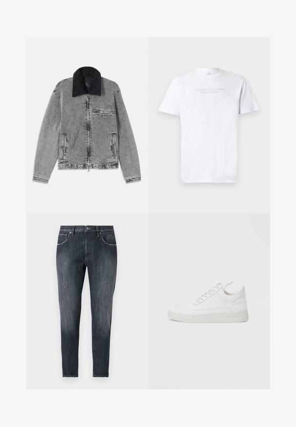 Grå denimjakke med en sort kordfløjlskrave, lynlås-lukning, en brystlomme og to sidelommer. Tekstureret stof med subtil falmning.; Hvid bomulds T-shirt med rund halsudskæring, korte ærmer og prægede "ARMANI EXCHANGE MILANO/NEW YORK" logo på fronten.; Mørkegrå slim fit denimjeans med forreste knap, lynlås, fem lommer og subtile falmede detaljer på lår og knæ.; Hvid lædersneaker med rundet tå, flad sål og snørebånd foran. Har syningsdetaljer og polstret krave for komfort.