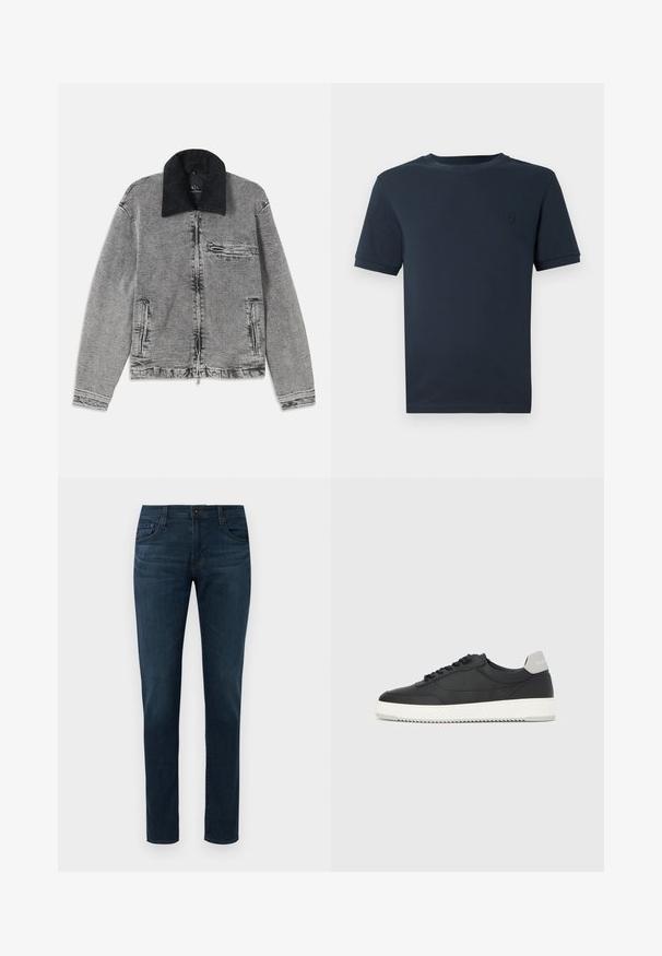 Graue Jeansjacke mit einem schwarzen Cordkragen, Reißverschluss, einer Brusttasche und zwei Seitentaschen. Texturiert mit subtilen Verfärbungen.; Dunkelblaue Baumwoll-T-Shirt mit kurzen Ärmeln, Rundhalsausschnitt und kleinem, strukturiertem Logo auf der linken Brustseite. Glatte Stoffoberfläche.; Dunkelblaue Slim-Fit-Jeans mit fünf Taschen, Knopf- und Reißverschluss vorne, vor einem weißen Hintergrund präsentiert.; Schwarzer Low-Top-Sneaker mit weißer Sohle und grauem Fersenlaschen, Seitenansicht vor einem weißen Hintergrund.
