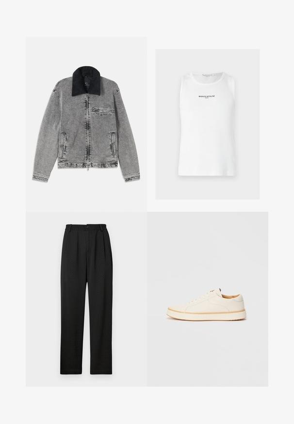 Grijze spijkerjas met een zwarte ribkraag, ritsluiting, één borstzak en twee zijzakken. Getextureerde stof met subtiele vervaging.; Witte mouwloze geribbelde tanktop met "MAISON KITSUNÉ PARIS" in zwart en gecentreerd op de borst gedrukt.; Zwarte broek met een textuurpatroon, voorzien van een brede tailleband met een knoop en voorplooien voor een nauwsluitende pasvorm. Rechte pijpen.; Witte leren sneaker met een ronde neus, eenvoudig vetersluiting ontwerp, gevoerde binnenzool en een contrasterende tan rubberen zool. Zachte textuur overal.