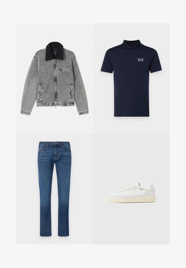 Sivá denim bunda s čiernym kordovým golierom, zipsovým zapínaním, jednou náprsní kapsou a dvoma bočnými vreckami. Textúrovaná tkanina so subtílnym vyblednutím.; Námornícká modrá polo košeľa vyrobená z jemnej bavlny, s trojitou gombíkovou légou a logom EA7 na ľavej strane hrude. Krátke rukávy, klasický strih.; Modré riflové nohavice so strihom priamo na nohe, s klasickým dizajnom piatich vreciek a zapínaním na gombíky. Jemné blednutie cez textúru látky.; Biela teniska s jemne štruktúrovaným zvrškom zo semišu a kože. Má zaoblenú špičku, viazanie na šnúrky a kontrastnú béžovú gumovú podrážku.