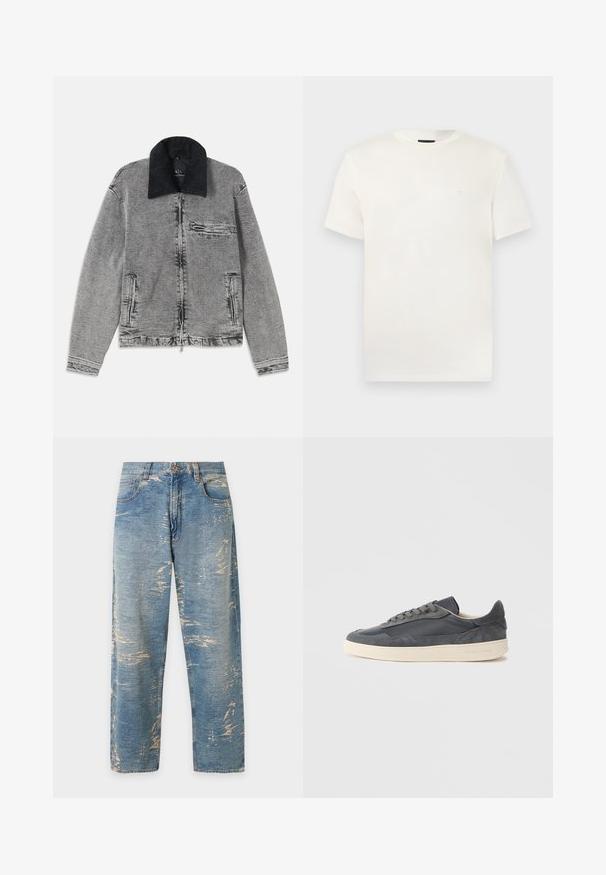 Graue Jeansjacke mit einem schwarzen Cordkragen, Reißverschluss, einer Brusttasche und zwei Seitentaschen. Texturiert mit subtilen Verfärbungen.; Weißes T-Shirt mit kurzen Ärmeln und Rundhalsausschnitt, mit dezent gesticktem Logo auf der linken Brust, auf einem schlichten hellen Hintergrund präsentiert.; Hellblaue Jeans mit geradem Bein, hoher Taille und ausgewaschenen, abgenutzten Details im gesamten Stoff.; Dunkelgraue Sneakers aus Leder und Wildleder mit niedrigem Schnitt, ausgestattet mit einer cremefarbenen Gummisohle und flachen Schnürsenkeln.