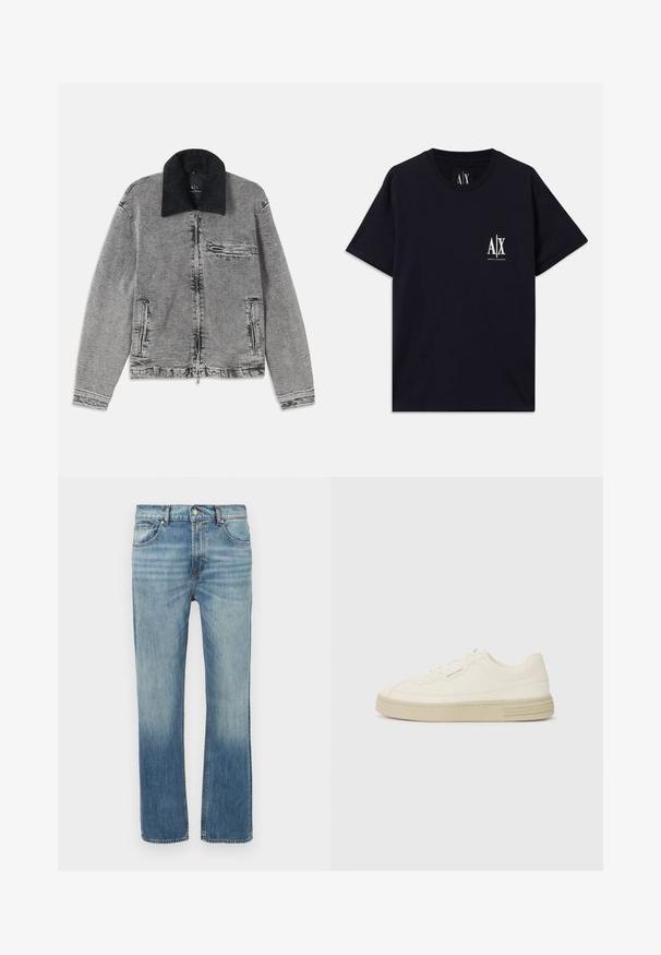 Sivá denim bunda s čiernym kordovým golierom, zipsovým zapínaním, jednou náprsní kapsou a dvoma bočnými vreckami. Textúrovaná tkanina so subtílnym vyblednutím.; Čierne bavlnené tričko s krátkymi rukávmi, okrúhlym výstrihom a bielym logom na ľavej hrudi. Hladká textúra a voľný strih.; Svetlomodré rifle z denimu s rovnými nohavicami, vyblednutými detailmi, piatimi vreckami a predným zapínaním na gombík. Viditeľné švy pozdĺž spojov.; Biele plátenné tenisky s textúrovanou gumovou podrážkou, so šitým špičkovým krytom a logom na päte. Jednoduchý dizajn so šnurovaním.