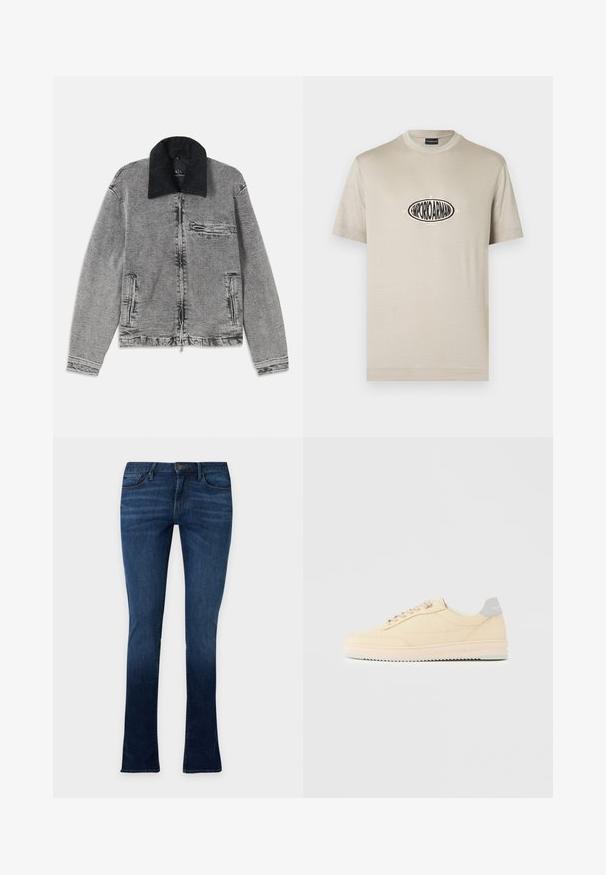 Grå denimjakke med en sort kordfløjlskrave, lynlås-lukning, en brystlomme og to sidelommer. Tekstureret stof med subtil falmning.; Beige bomulds-T-shirt med rund halsudskæring og korte ærmer, med et centralt sort logo med teksten "1981" og "MILANO" i creme.; Mørkeblå slim-fit jeans med let falmet look, fem lommer, knaplukning og bæltestropper, vist på en ensartet lys baggrund.; Beige lavtop sneaker med snørelukning foran, lyserød sål og grå hællap med mærket "Filling Pieces", vist i profil på ensfarvet baggrund.