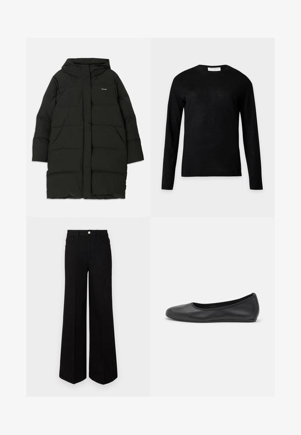Doudoune noire avec capuche, de coupe droite, dotée de poches avant et d'une texture lisse. Logo embossé sur la poitrine.; Pull noir à manches longues col rond avec une petite étiquette blanche au niveau du col arrière, présenté sur un fond gris clair uni.; Jean large noir fabriqué dans un tissu robuste, avec une taille haute, des poches avant et une fermeture à bouton à l'avant. Ourlet plat en bas.; Ballerines en cuir noir avec un bout rond, texture lisse, détails de couture minimalistes et design de semelle flexible.