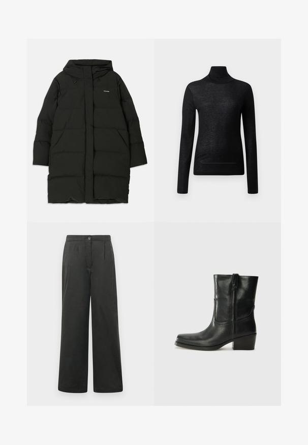 Čierna puffová bunda s kapucňou, s rovnýcm strihom, prednými vreckami a hladkou textúrou. Vytlačené logo na prsiach.; Čierny dlhý rukáv turtleneck top vyrobený z ľahkej tkaniny, s priliehavým strihom a minimálnymi švom, vhodný na vrstvenie.; Čierne široké nohavice s hladkou textúrou, so záhybmi na prednej strane, zapínaním na gombík a elastickým pásom pre pohodlie.; Čierne kožené členkové topánky s okrúhlou špičkou, blokovým podpätkom, bočným zipsom a prešívaním na priehlavku. Hladká textúra, klasický dizajn.