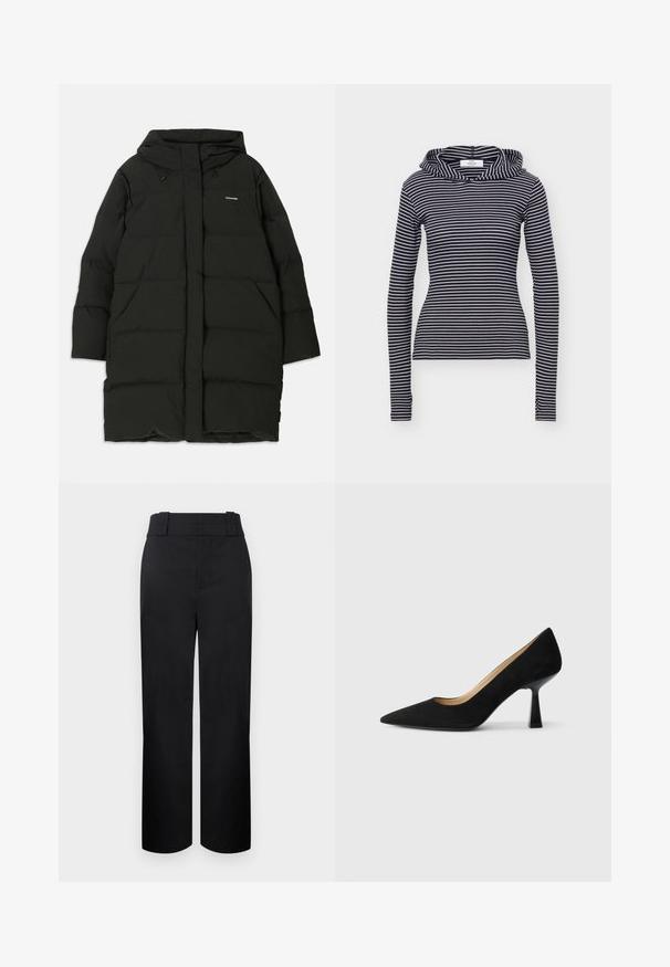 Doudoune noire avec capuche, de coupe droite, dotée de poches avant et d'une texture lisse. Logo embossé sur la poitrine.; Hoodie à manches longues à rayures horizontales noires et blanches avec une silhouette ajustée et une texture côtelée.; Pantalon noir taille haute, jambes droites, avec larges passants de ceinture et fermeture avant dissimulée sur un fond clair.; Pompe à talons hauts en suède noir avec un bout pointu, dotée d'un talon bloc noir brillant et d'une doublure intérieure lisse.