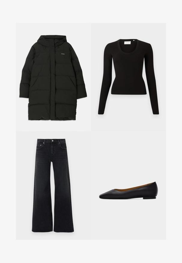 Doudoune noire avec capuche, de coupe droite, dotée de poches avant et d'une texture lisse. Logo embossé sur la poitrine.; Haut noir à manches longues avec un col arrondi, en tissu côtelé, présentant une coupe ajustée et un design minimaliste. Aucun motif ni accent visible.; Jean noir taille haute à jambes larges avec bouton et fermeture éclair à l'avant, passants pour ceinture, et design classique à cinq poches.; Chaussure plate en cuir noir à bout pointu avec talon bas et finition lisse, vue de côté sur un fond gris clair.