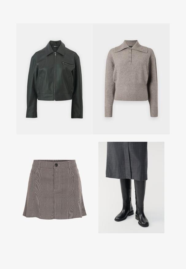 Chaqueta de cuero negra con cuello tipo solapa, cremallera frontal y un bolsillo lateral. Presenta un diseño cropped elegante y una textura suave.; Suéter de punto gris claro con un cuello de camisa, cierre delantero de botones y ribetes en el dobladillo y los puños. Textura suave y diseño casual.; Falda a cuadros en blanco y negro, hecha de una tela ligera, con una cinturilla con botón y un diseño plisado para un detalle adicional.; Botas de cuero negro hasta la rodilla con una textura suave, cremalleras laterales y suela plana. Las botas cuentan con un caña estructurada y un hardware mínimo.