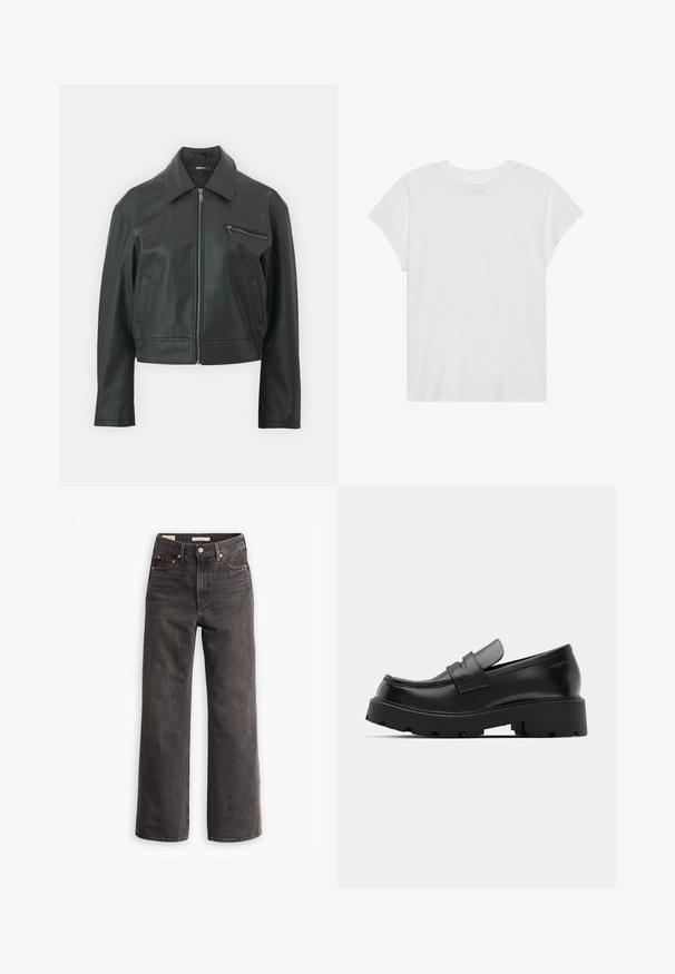 Schwarze Lederjacke mit Kragen, Frontreißverschluss und einer Seitentasche. Verfügt über ein elegantes, tailliertes Design und eine glatte Textur.; Weißes kurzärmliges T-Shirt mit Rundhalsausschnitt, lockerer Passform, aus weichem Baumwollstoff. Glatte Textur, keine Muster oder Logos.; Hoch taillierte, weite Jeans aus dunkelgrauem Denim mit Fronttaschen, kontrastierenden kupferfarbenen Nieten und einem schlichten, unauffälligen Finish ohne Verzierungen.; Schwarze Leder-Loafers mit einer chunky strukturierten Sohle, ausgestattet mit einem Riemen über dem Spann und einer glatten, polierten Oberfläche.