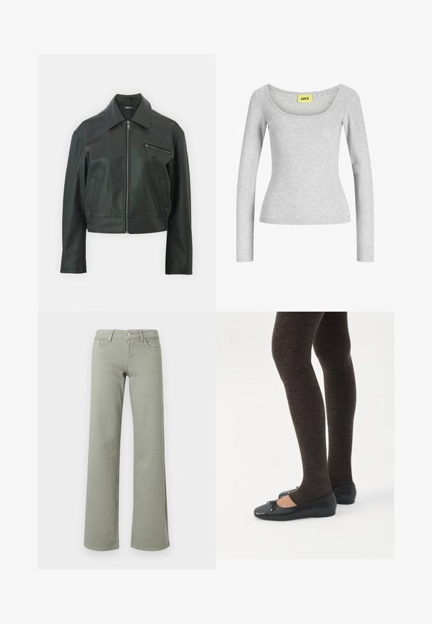 Chaqueta de cuero negra con cuello tipo solapa, cremallera frontal y un bolsillo lateral. Presenta un diseño cropped elegante y una textura suave.; Top gris claro de manga larga ajustada con escote amplio en forma de scoop y etiqueta de marca amarilla "JJXX" cosida en el interior del cuello.; Pantalones de pierna recta de tiro alto en verde claro con cinturilla, botón, cremallera y bolsillos delanteros y traseros sobre un fondo blanco.; Piernas con leggings oscuros acanalados combinados con bailarinas negras que presentan pequeños detalles de lazo sobre un fondo blanco.