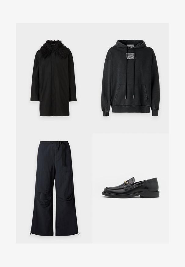 Zwarte middelgrote jas met lange mouwen en een grote getextureerde bontkraag, weergegeven tegen een witte achtergrond.; Iceberg Hoodie - nero; Zwarte wijde broek van lichtgewicht stof. Voorzien van een riem, twee grote zijzakken en verstelbare zoom met trekkoordsluitingen.; Zwarte leren instappers met een ronde neus, voorzien van een gouden hardware accent en stikdetails, geplaatst op een lage, getextureerde rubberen zool.