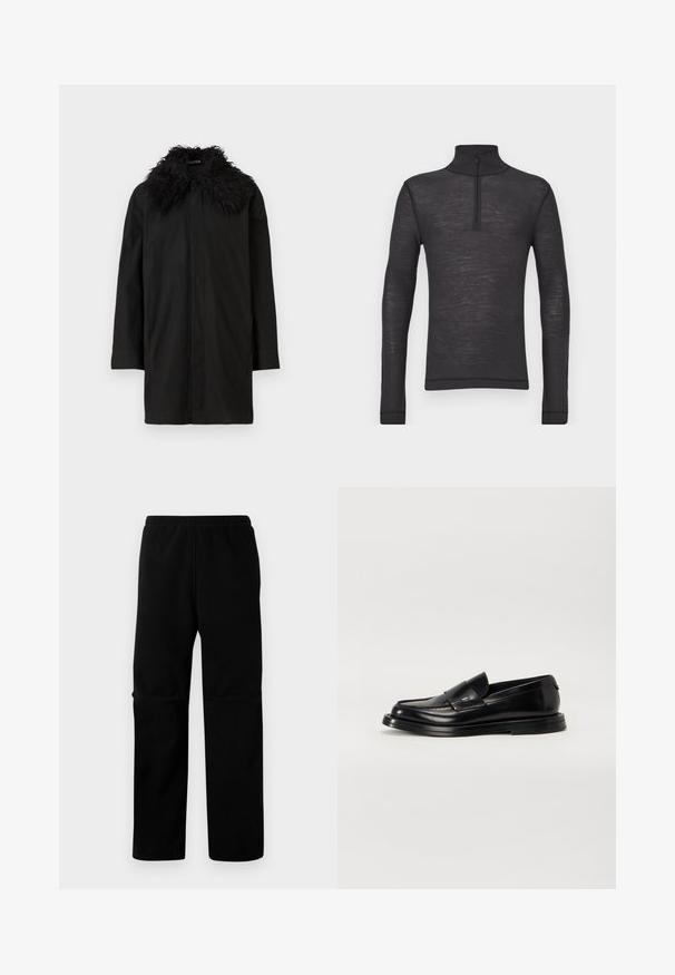 Zwarte middelgrote jas met lange mouwen en een grote getextureerde bontkraag, weergegeven tegen een witte achtergrond.; Zwarte lange mouwen turtleneck shirt gemaakt van een gestructureerde stof, met een halve rits bij de kraag en aansluitende mouwen.; Zwarte fleece broek met een elastische tailleband en rechte pijpen. Gedeelte textuur zonder zichtbare patronen of hardware.; The Antipode COLLEGE - Mocassins - black