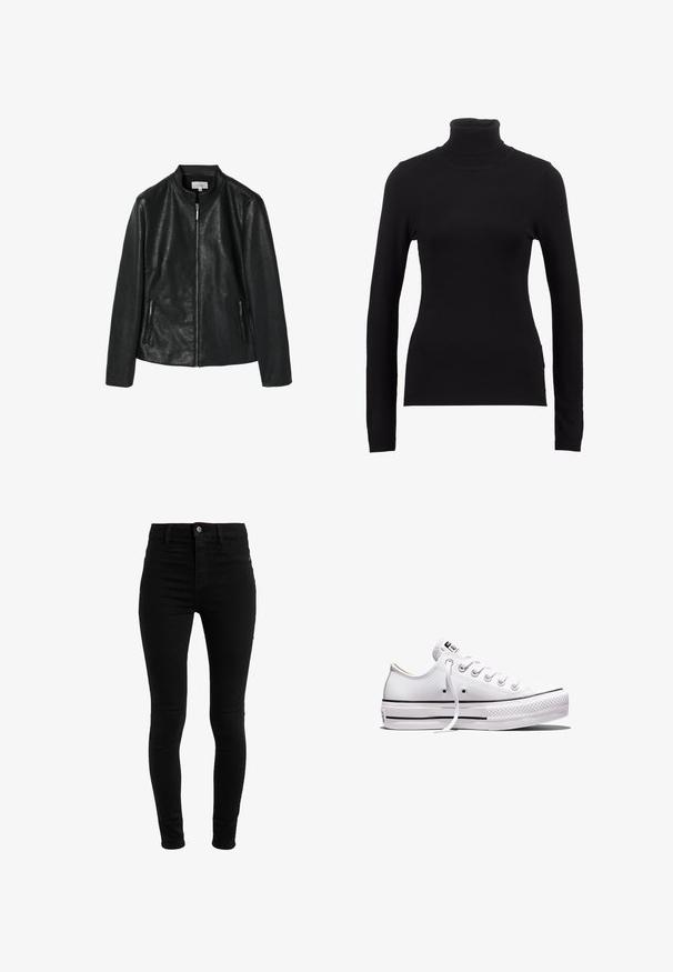 Sort jakkesæt i kunstlæder med en rund krave, frontlynlås og to sidelommer med lynlås. Glat tekstur, struktureret design, ingen synlige mønstre.; Sort turtleneck sweater lavet af blød stof, med lange ærmer og en tætsiddende silhuet. Enkel design uden synlige mønstre eller dekorationer.; Sorte skinny jeans lavet af denim, med høj talje, fem-lomme design og knaplukning. Glat tekstur, uden synlige mønstre.; Lavtop hvid lærredsneaker med hvide snørebånd, gummisål, sorte stribedetaljer og logo-patch på tungen og hælen.