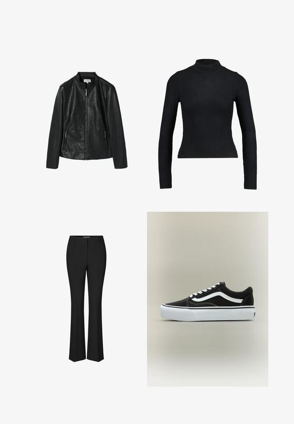 Sort jakkesæt i kunstlæder med en rund krave, frontlynlås og to sidelommer med lynlås. Glat tekstur, struktureret design, ingen synlige mønstre.; Sort langærmet turtleneck top lavet af ribbet stof, med en tætsiddende design og slank silhuet. Ingen mønstre eller detaljer.; Sorte, lige ben dressbukser med bæltestropper og flad front, vist mod hvid baggrund. Ingen person er synlig.; Lavtop sort sneaker med hvid side stribe, hvide snørebånd, hvid gummisål og tekstureret tåhætte på neutral baggrund.