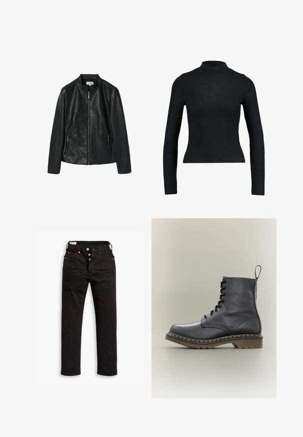 Sort jakkesæt i kunstlæder med en rund krave, frontlynlås og to sidelommer med lynlås. Glat tekstur, struktureret design, ingen synlige mønstre.; Sort langærmet turtleneck top lavet af ribbet stof, med en tætsiddende design og slank silhuet. Ingen mønstre eller detaljer.; Sorte lige jeans med knaplukning, front- og baglommer samt kobbernitte detaljer på en hvid baggrund.; Sort læderkampstøvle med 8 snørehuller, gummisål, gul syning og en træksløjfe bagpå. Har en struktureret overdel.