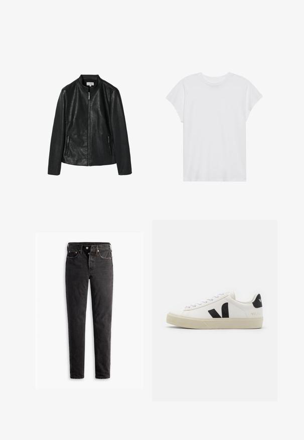 Sort jakkesæt i kunstlæder med en rund krave, frontlynlås og to sidelommer med lynlås. Glat tekstur, struktureret design, ingen synlige mønstre.; Hvid kortærmet t-shirt med rund hals, afslappet pasform, lavet af blødt bomuldsstof. Glat tekstur, ingen mønstre eller logoer.; Sorte denim jeans med lige ben, der har fem lommer, kobberhardware og en let slidte måde.; Hvide lædersneakers med sort gummiv V-logo. Tekstureret off-white sål, hvide snørebånd og bagside med brandnavn i sort.