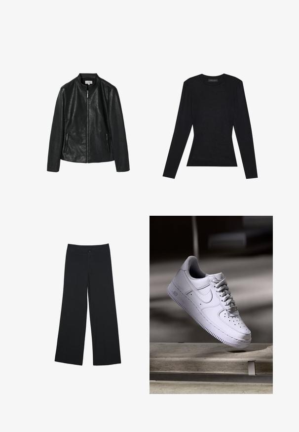 Sort jakkesæt i kunstlæder med en rund krave, frontlynlås og to sidelommer med lynlås. Glat tekstur, struktureret design, ingen synlige mønstre.; Sort langærmet top med rund hals, der har en tætsiddende silhuet og let pufdetalje ved skuldrene. Fremstillet af blødt bomuldsstof.; Bredde bukser i sort stof, der har frontlommer og lukning med knap. Glat tekstur, skræddersyet pasform og fuld længde.; Hvid Nike Air Force 1 sneaker svævende over en betonoverflade med skygger i et minimalistisk miljø.