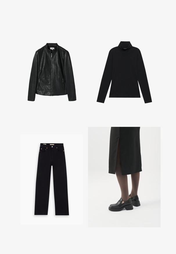 Sort jakkesæt i kunstlæder med en rund krave, frontlynlås og to sidelommer med lynlås. Glat tekstur, struktureret design, ingen synlige mønstre.; Sort turtleneck med lange ærmer. Blødt stof, tætsiddende design, høj krave og sidesøm. Simpel og alsidig stil, der er velegnet til lag-på-lag.; Sorte denim jeans med lige pasform, fem lommer, kobberdetaljer og en glat tekstur. To mærker synlige på taljebåndet.; Kvinde iført sorte loafers med chunky hæl, sorte tynde strømpebukser og en sort nederdel med slids bagpå på hvid baggrund.