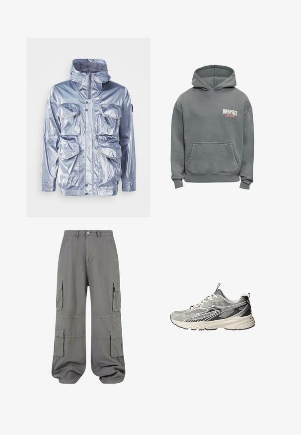 Silberne wasserdichte Jacke mit Reißverschluss, verstellbare Kapuze und vier Fronttaschen. Verfügt über eine glänzende Textur und Druckknöpfe.; Grauer Kapuzenpullover mit Fronttasche und "Dropsize Studios"-Logo in Weiß und Pink auf der linken Brustseite.; Graue Cargo-Hosen aus leichtem Stoff, mit zwei Seitentaschen, zwei Cargotaschen und einem elastischen Saum für eine bequeme Passform.; Graue Sportschuhe mit Mesh- und weichen Wildlederpaneelen, dicker cremefarbener Außensohle, rotem Akzent nahe der Ferse und weißen Schnürsenkeln, mit einem stromlinienförmigen Design.
