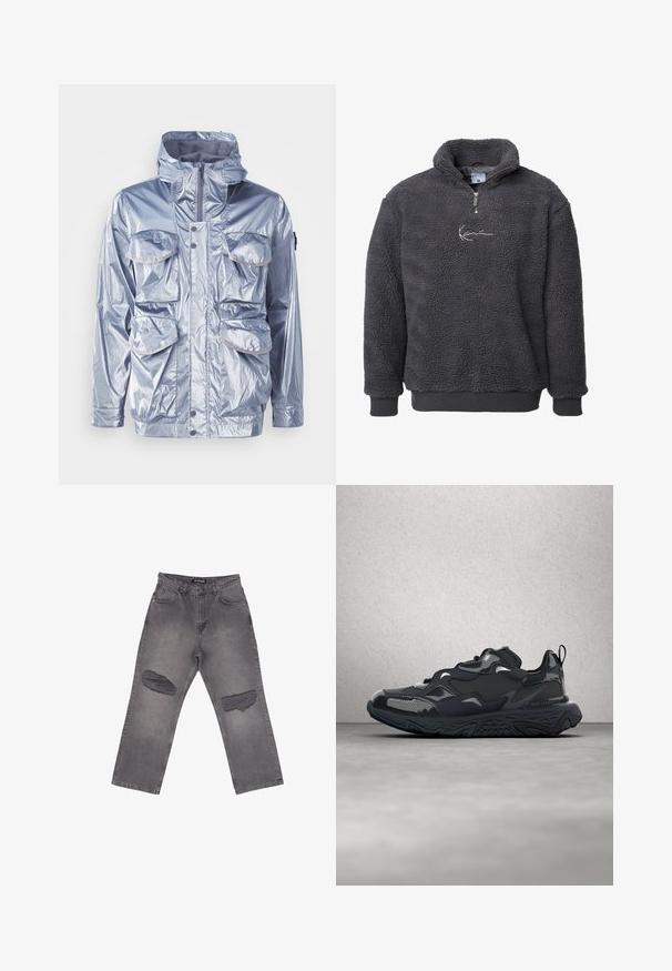 Hopea vedenpitävä takki, jossa on vetoketjukiinnitys, säädettävä huppu ja neljä taskua edessä. Sisältää kiiltävän tekstuurin ja nepparilukot.; Fleece pullover tummanharmaana, jossa on korkea kaulus, neljännesvetoketju, ribbireunat ja tulostettu logo rinnassa. Pehmeä, tekstuuriainen kangas.; Korkeavyötäröiset harmaat farkkuleggingsit, joissa leveät lahkeet ja suuret kulutetut kohdat molemmissa polvissa, edessä taskut ja vyölenkit.; Musta juoksukenkä, jossa on teksturoitu päällinen, sileät yksityiskohdat ja paksu pohja aaltokuvioisella urituksella, suunniteltu mukavuutta ja kestävyyttä varten.