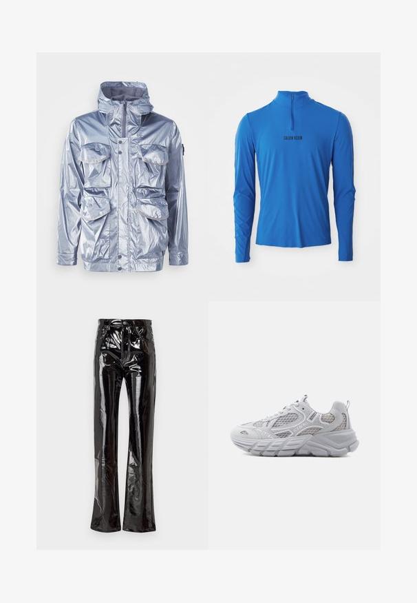 Veste imperméable argentée avec fermeture éclair, capuche ajustable et quatre poches avant. Elle présente une texture brillante et des boutons-pression.; Haut à manches longues avec fermeture éclair quart en bleu vif, présentant une texture lisse et le nom de marque imprimé "CALVIN KLEIN" en noir sur le devant.; Pantalons évasés noirs taille haute en vinyle brillant avec poches avant, fermeture éclair et détails de couture exposés.; Baskets blanches épaisses avec panneaux en mesh et en daim, inscription "ICEBERG" sur le côté, semelle épaisse texturée, et languette au talon.