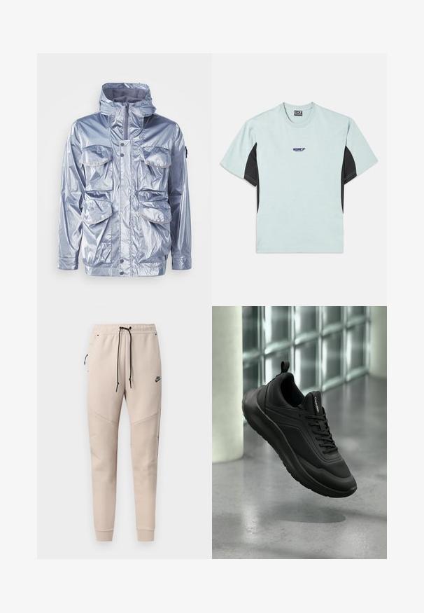 Silberne wasserdichte Jacke mit Reißverschluss, verstellbare Kapuze und vier Fronttaschen. Verfügt über eine glänzende Textur und Druckknöpfe.; Helles blaues Baumwoll-T-Shirt mit kurzen Ärmeln, ausgestattet mit schwarzen Seitenpaneelen und einem kleinen lila Logo auf der Brust. Schlichtes Design.; Beige Nike-Jogginghose mit schwarzem Kordelzug, seitlicher Reißverschlusstasche, abgesteppten Knieteilen und elastischen Bündchen.; Schwarzer Calvin Klein Sneaker mit Mesh- und festen Paneelen, Schnürsenkeln und Zuglasche, schwebt über poliertem Betonboden neben Glasbausteinen.