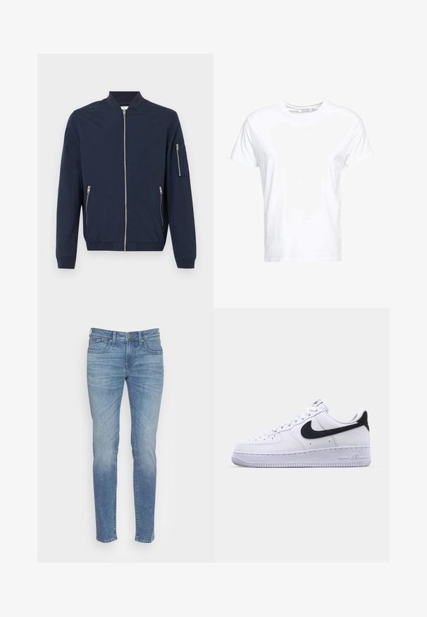 Veste bomber bleu marine avec fermeture éclair à l'avant, poches zippées sur les côtés, poche zippée sur la manche gauche, poignets et col côtelés.; T-shirt en coton blanc avec un col rond et des manches courtes, au fit classique et à la texture lisse. Aucun motif ni accessoire visible.; Jean en denim bleu clair avec une coupe slim, comprenant des poches avant, une fermeture à bouton, et un léger délavage le long des jambes pour une texture supplémentaire.; Sneaker en cuir blanc avec un Swoosh noir texturé, des lacets plats et une semelle en caoutchouc avec un motif strié. "AIR" est embossé sur le talon.