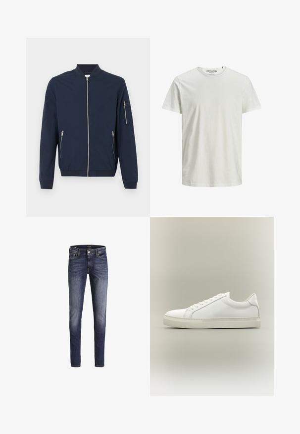 Veste bomber bleu marine avec fermeture éclair à l'avant, poches zippées sur les côtés, poche zippée sur la manche gauche, poignets et col côtelés.; T-shirt blanc à manches courtes en coton biologique. Il présente un col rond et une coupe décontractée, avec une texture simple et lisse.; Jean slim bleu foncé avec légère décoloration aux cuisses et aux genoux, avec poches avant, passants pour ceinture et fermeture par bouton.; Baskets blanches basses à lacets sur l’avant et semelle épaisse, vues de côté sur un fond neutre.