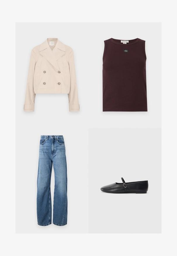 Veste courte beige à double boutonnage avec grands revers, deux poches latérales et boutons décoratifs. Confectionnée dans un tissu lisse et léger.; Haut sans manches bordeaux en tissu côtelé, avec un patch logo noir, un col rond et une coupe ajustée. Texture lisse et finition soignée.; Jeans en denim bleu clair taille haute avec jambes larges, poches avant et arrière, fermeture par boutons, et décoloration subtile sur les cuisses et les genoux.; Ballerines noires en cuir avec un bout pointu, une semelle plate et une petite sangle avec un détail de boucle en argent.