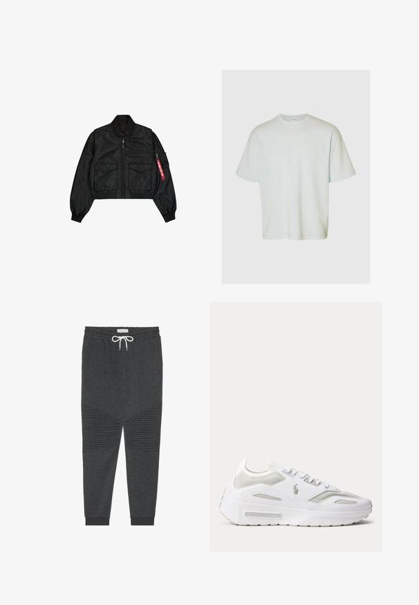 Sort cropped bomberjakke lavet af satinlignende materiale med rund hals, to forlommer og en sidelomme med lynlås med en rød fane.; Selected SLMLOOSEOSCAR - T-shirts basic - ice melt; Pier One Træningsbukser - mottled dark grey; Hvid Ralph Lauren sneaker med mesh og læderdetaljer, tyk sål og logo på siden, vist i profil på en ensfarvet baggrund.