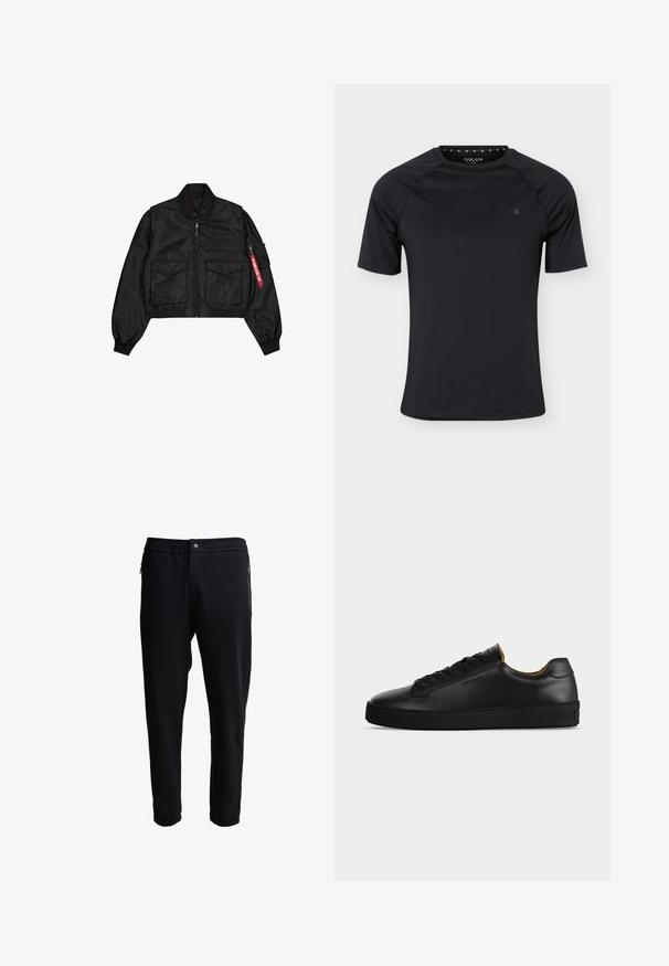 Veste bomber noire courte en satin avec col rond, deux poches avant et une poche latérale zippée avec un onglet rouge.; T-shirt de sport noir à manches courtes avec col rond et petit logo sur la poitrine gauche, présenté sur un fond clair uni.; Pantalons de jogging noirs avec une taille élastique, poches zippées sur les côtés et jambes fuselées. Fabriqués en tissu doux avec une texture lisse.; Basket basse en cuir noir avec lacets noirs, semelle en caoutchouc texturée et petit logo embossé sur le côté, présenté de profil sur fond gris.