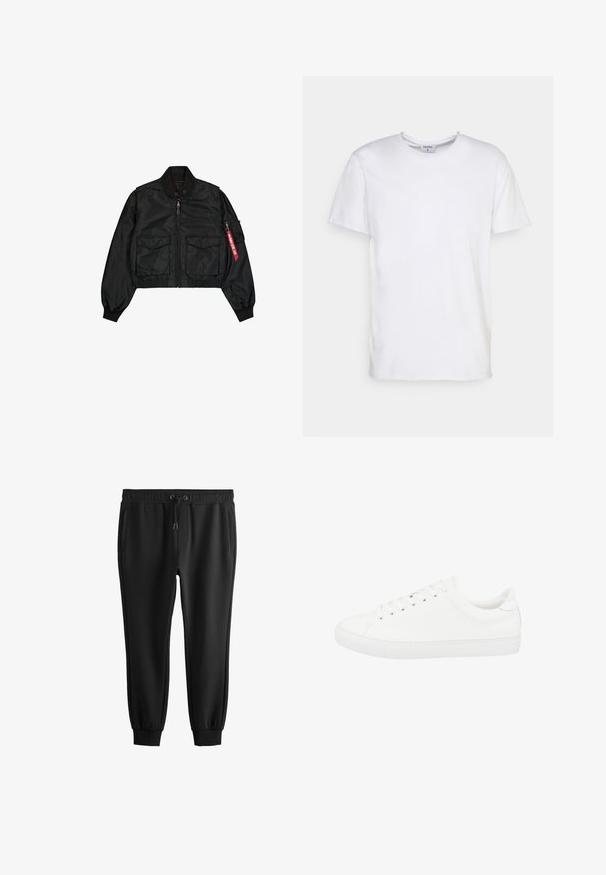 Sort cropped bomberjakke lavet af satinlignende materiale med rund hals, to forlommer og en sidelomme med lynlås med en rød fane.; Hvid kortærmet t-shirt lavet af bomuld. Har en rund halsudskæring og en afslappet pasform uden synlige mønstre eller detaljer.; Sorte sweatpants med smal pasform, elastisk talje, snøre, sidelommer og ribbede manchetter ved anklerne.; Hvid lavtop-sneaker med snørelukning, glat læderoverdel og gummisål, vist fra siden på en hvid baggrund.