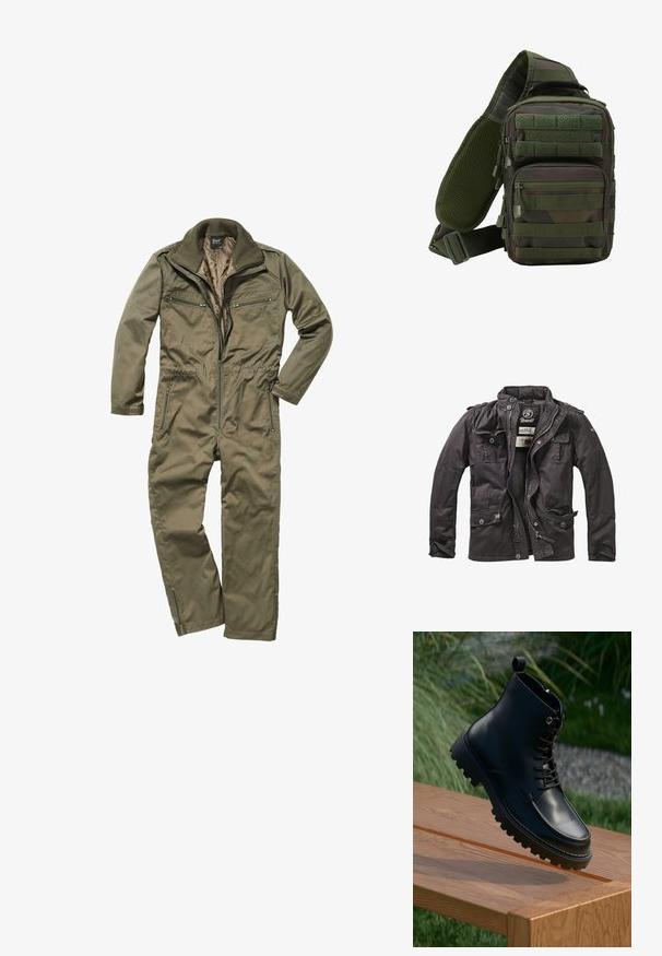 Veste légère noire avec fermeture éclair, quatre poches avant et accents en bouton ; présente un col montant et un tissu texturé.; Combinaison olive en tissu résistant, avec un zip sur le devant, un col côtelé et plusieurs poches zippées à la poitrine et sur les côtés.; Botte de cheville en cuir noir avec une finition lisse, un laçage à l'avant, une semelle épaisse striée et une languette. Positionnée au-dessus d'une surface en bois.; Sac à dos en bandoulière camouflage vert avec plusieurs poches zippées, une sangle réglable et un panneau arrière en mesh pour la ventilation.