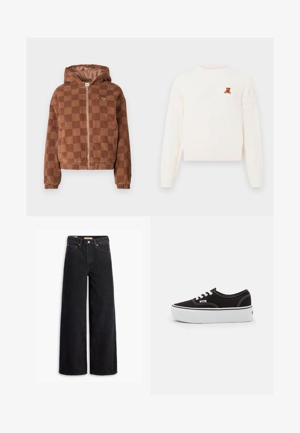 Bruine geruite corduroy ritsjack met capuchon, elastische manchetten en voorzakken.; Witte gebreide trui met geribbelde textuur, ronde hals en een geborduurde bruine teddybeer op de linkerborst. Lange mouwen en een aansluitende zoom.; Zwarte brede jeans gemaakt van denim, met vijf zakken, koperen klinknagels en een klassieke knoopsluiting. Glad van textuur met een strakke uitstraling.; Zwarte canvas sneaker met een witte rubberen platformzool, voorzien van witte veters en stiksels, iconische branding op de zijkant, low-top ontwerp.