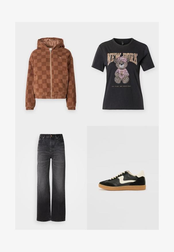 Braun karierter Cordjacke mit Reißverschluss und Kapuze, elastischen Bündchen und vorderen Taschen.; Schwarzes kurzärmeliges T-Shirt mit einem Teddybär, der einen rosa Hut und Pullover trägt, mit dem Schriftzug "NEW YORK" darüber und "ONE TEAM. ONE HEARTBEAT." darunter.; Schwarze, ausgestellte Denim-Jeans mit hoher Taille, fünf Taschen, Knopfverschluss und dezentem, verblasstem Muster. Dickes Material mit strukturierter Passform.; Schwarze Wildleder- und Leder-Sneaker mit einem cremefarbenen Seiten-Swoosh und einer hellcremefarbenen Ferse. Ausgestattet mit beige Schnürsenkeln und einer Gummilaufsohle.