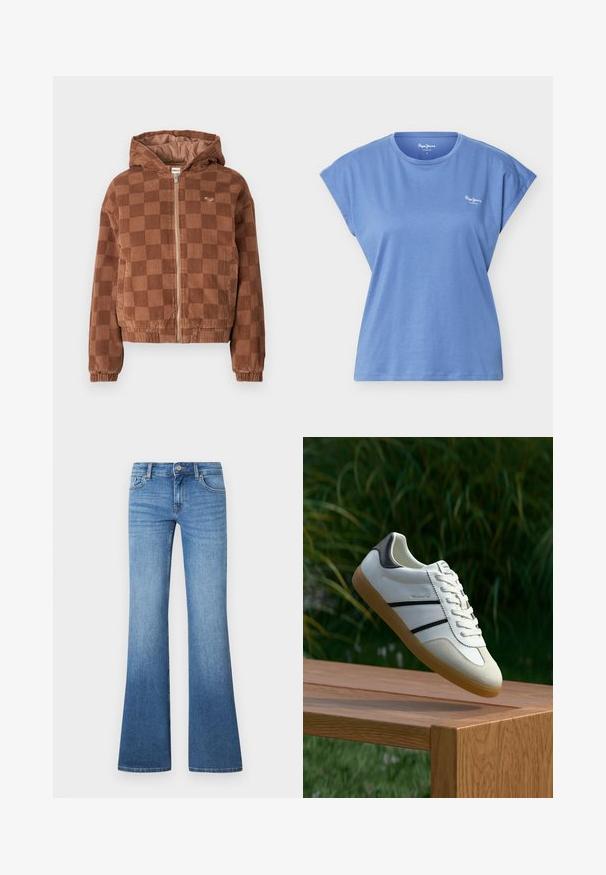 Bruine geruite corduroy ritsjack met capuchon, elastische manchetten en voorzakken.; Blauw mouwloos T-shirt met ronde hals en een klein wit "Pepe Jeans London" logo aan de linkerkant van de borst.; Lichtblauwe uitlopende jeans gemaakt van denim. Voorzien van een ontwerp met vijf zakken, metalen knoopsluiting en subtiele vervagingen bij de knieën.; Witte sneaker met zwarte strepen en een rubberen zool, zwevend boven een houten bankje buiten met groene bladeren op de achtergrond.