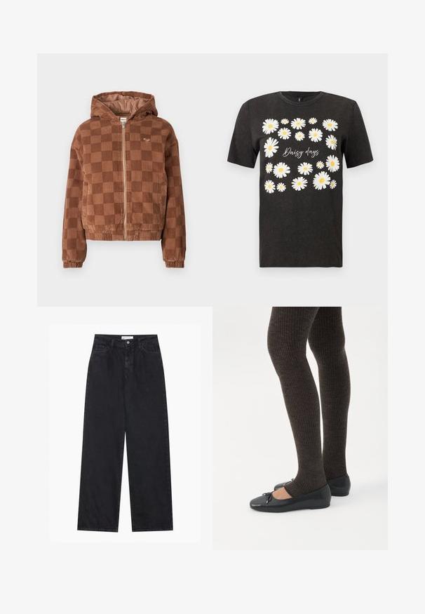 Bruine geruite corduroy ritsjack met capuchon, elastische manchetten en voorzakken.; Zwart T-shirt met korte mouwen, bedrukt met witte en gele madeliefjes rondom de tekst "Daisy days" aan de voorkant.; Zwarte high-waisted spijkerbroek met wijde pijpen, frontknopen en ritssluiting, ceintuurlussen en een vijf-pocket stijl.; Benen met donkere geribbelde leggings gecombineerd met zwarte ballerina's met kleine strikdetails op een witte achtergrond.