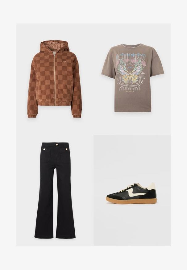 Bruine geruite corduroy ritsjack met capuchon, elastische manchetten en voorzakken.; Bruine oversized t-shirt met grote kleurrijke vlinderafbeelding, de tekst "WAVES" erboven en de tekst "Stadium Tour live concert" eronder aan de voorkant.; Zwarte, wijde broek met hoge taille, twee opgestikte voorzakken en kleine goudkleurige knopen in hartvorm op de zakken en tailleband.; Zwarte suède en leren sneaker met een crèmekleurige zij-swoosh en lichte crèmekleurige hiel. Voorzien van beige veters en een gumrubberen zool.