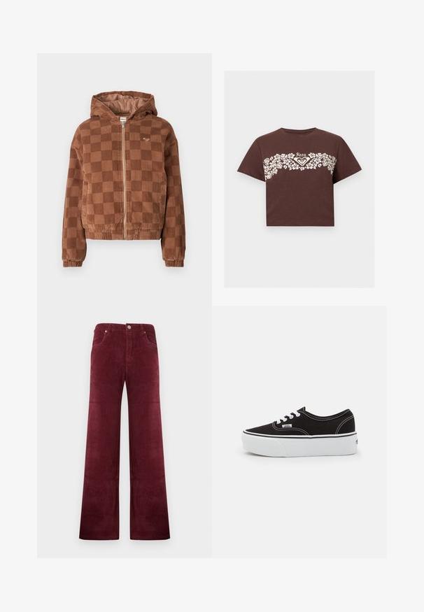 Bruine geruite corduroy ritsjack met capuchon, elastische manchetten en voorzakken.; Bruine crop T-shirt met wit bloemenpatroon over de borst en "Roxy" logo in het midden.; Bordeauxrode wijde ribfluwelen broek met hoge taille, knoop- en ritssluiting aan de voorkant en voorzakken.; Zwarte canvas sneaker met een witte rubberen platformzool, voorzien van witte veters en stiksels, iconische branding op de zijkant, low-top ontwerp.