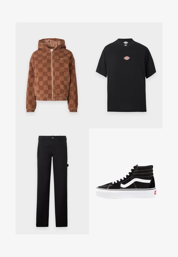 Chaqueta de pana marrón a cuadros con cremallera y capucha, puños elásticos y bolsillos frontales.; Camiseta negra de manga corta con un pequeño logo colorido de Dickies centrado en el pecho y cuello redondo.; Pantalones negros de tela con una textura suave, diseñados con piernas rectas, cierre de botón y un bolsillo lateral.; Zapatillas altas negras con cordones blancos, un logo blanco y costuras en blanco que contrastan. Presentan una suela blanca gruesa y una parte superior de ante texturizado.